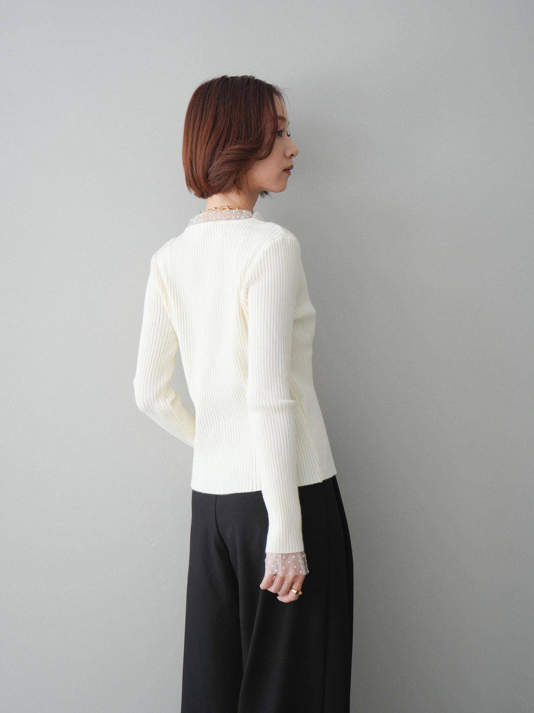 [SET]チュールドッキングパールボタンニットカーディガン+選べるアクセセット(2set)