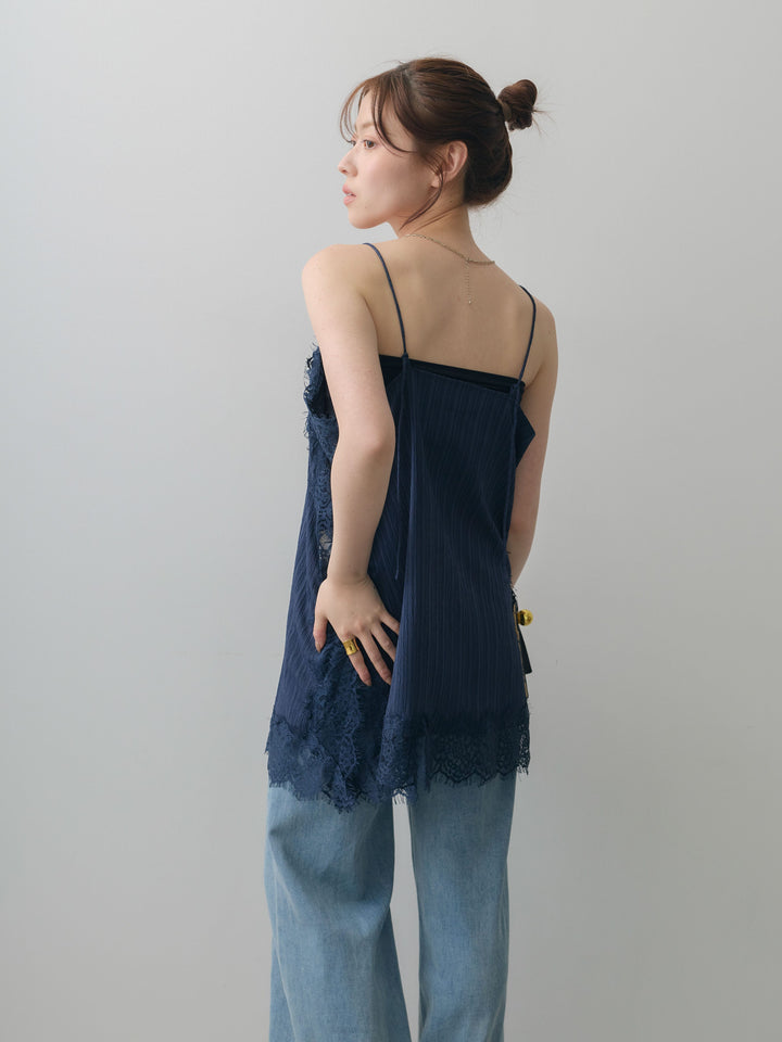 [予約]ワッシャーテクスチャーレーストリムキャミソール/navy