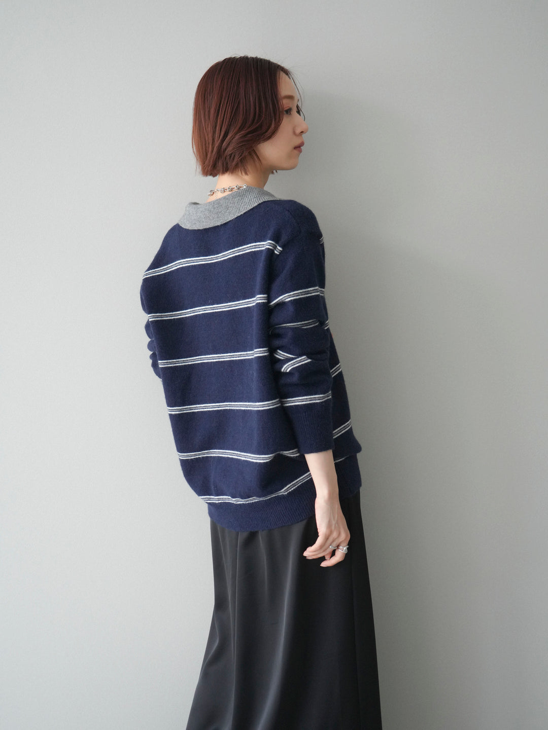 [予約]バイカラーボーダーポロニットプルオーバー/navy
