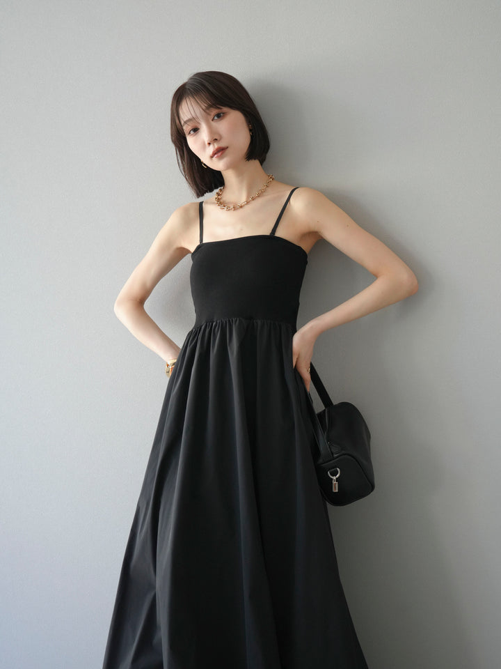 [予約]異素材ドッキングカップ付ベアキャミバルーンワンピース/ブラックブラック