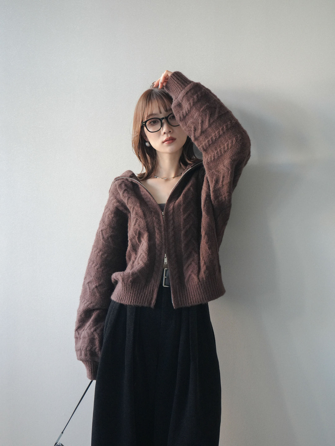 [SET]ケーブル編みハイネックZIPニットカーディガン+ベルトデザインループコールテンワイドパンツ(ベルト付き)(2set)