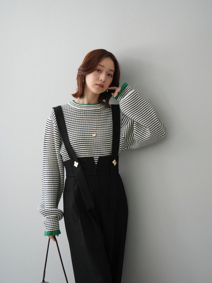 [SET]ラメ異素材ボーダーリブニットプルオーバー+ゴールドボタンサスペンダーワイドパンツ(2set)