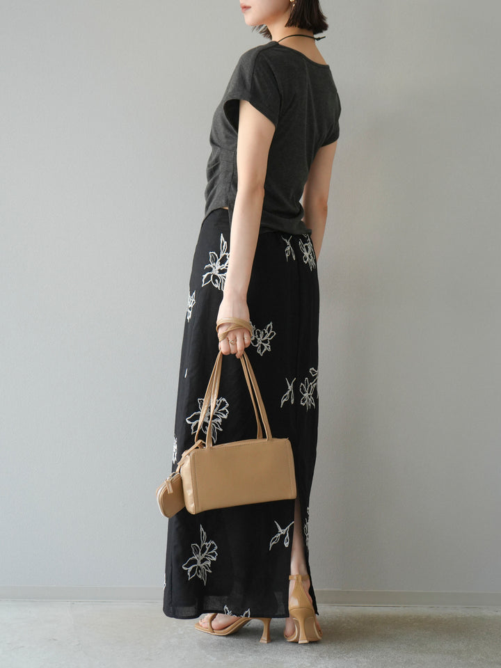 [予約]フラワー刺繍ナロースカート/ブラック