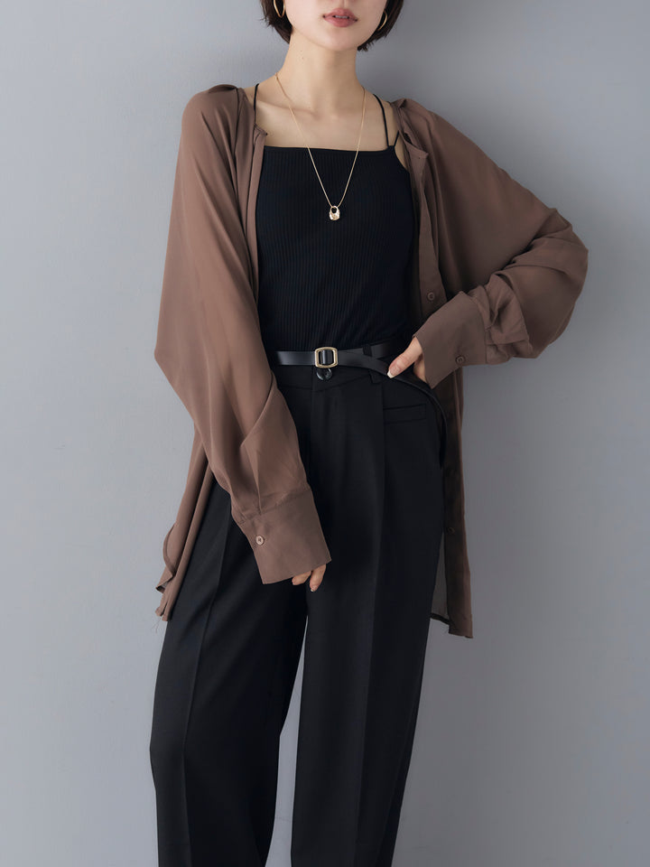 [Pre-order] Sheer No-Collar 2-Way LS Blouse/Beige