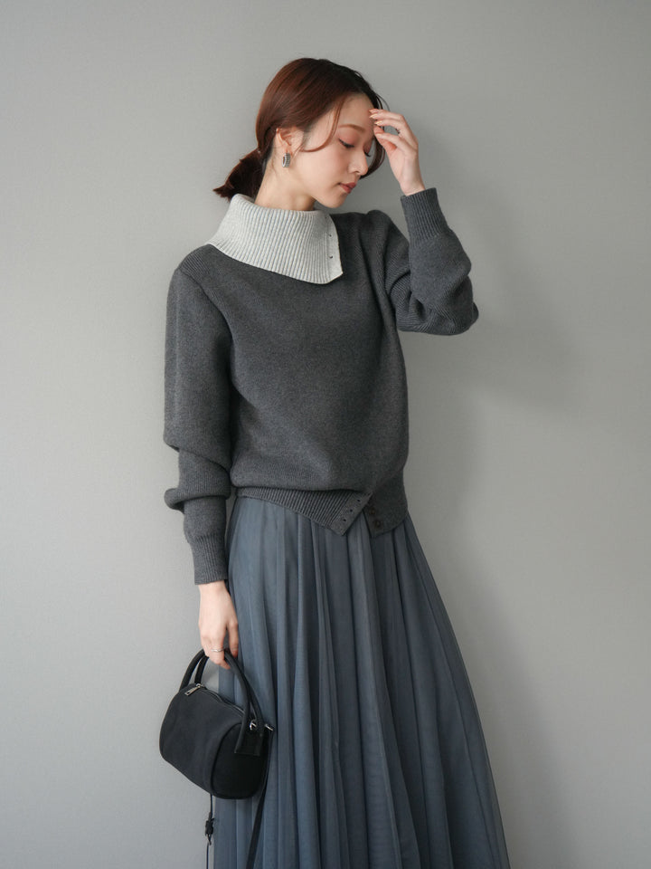 [予約]デザインネックバイカラーニットプルオーバー/charcoal