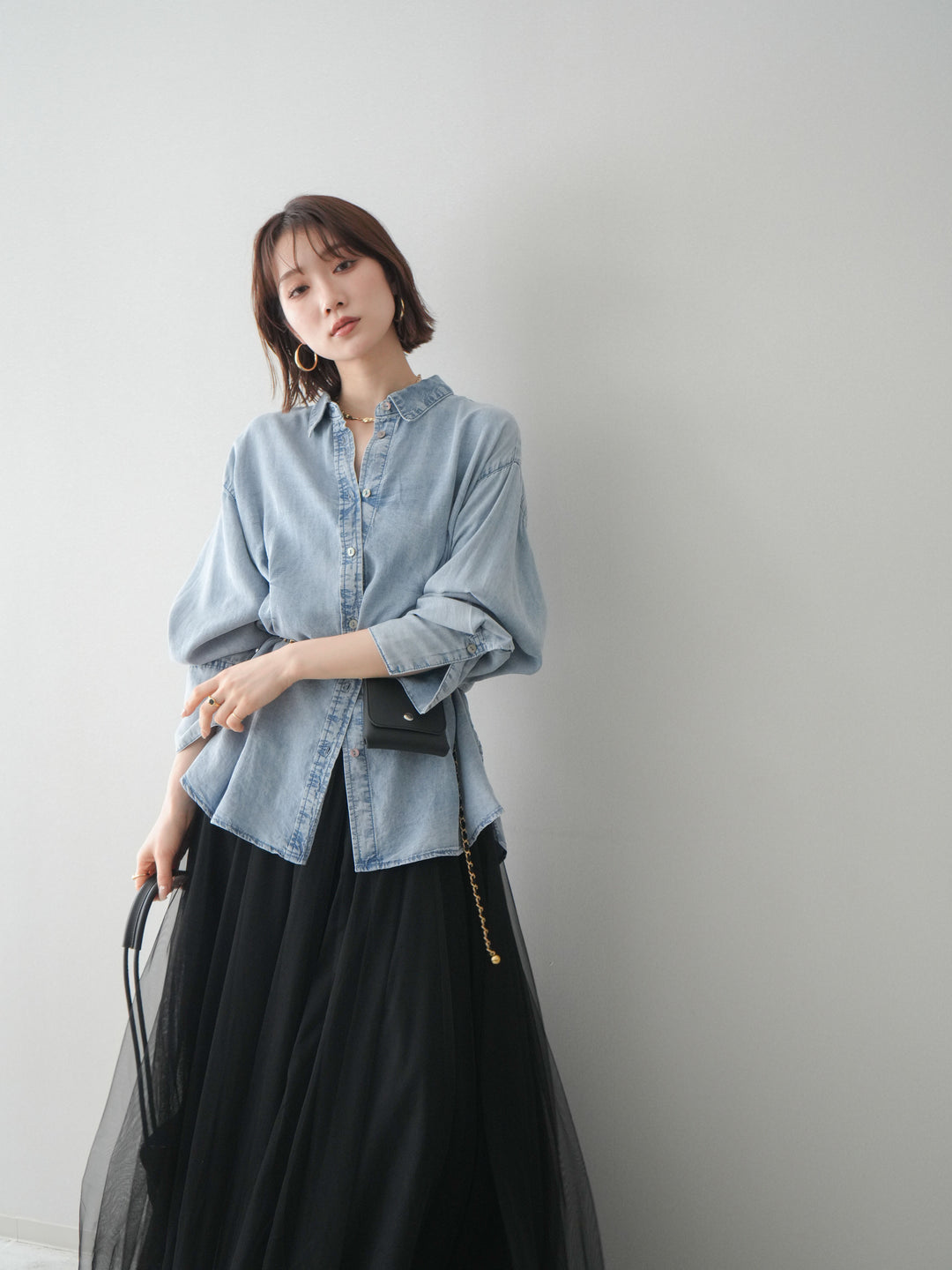 [SET]テンセルデニムタックシャツ+チュールボリュームスカート(2set)