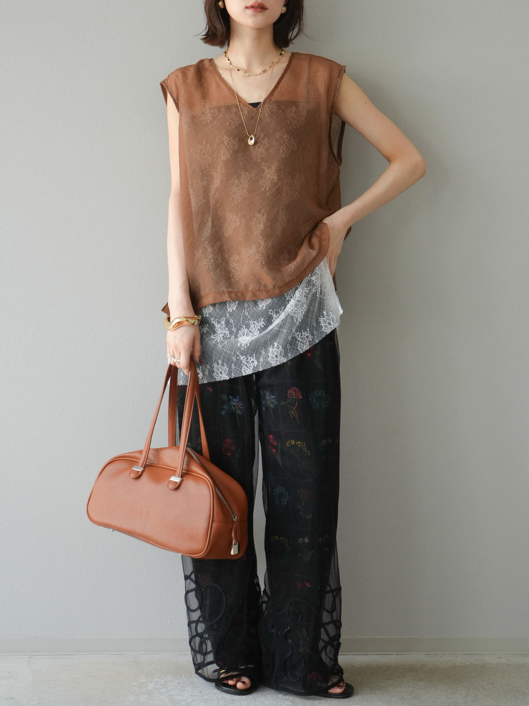 [予約]パッチワークフラワープリントイージーパンツ/ブラック