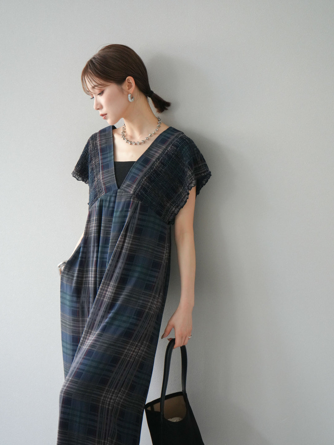 [套裝] 透視格紋褶皺背帶褲 + 配件套裝（2 套）