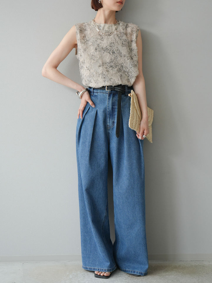 【預購】雙褶寬牛仔褲/藍色