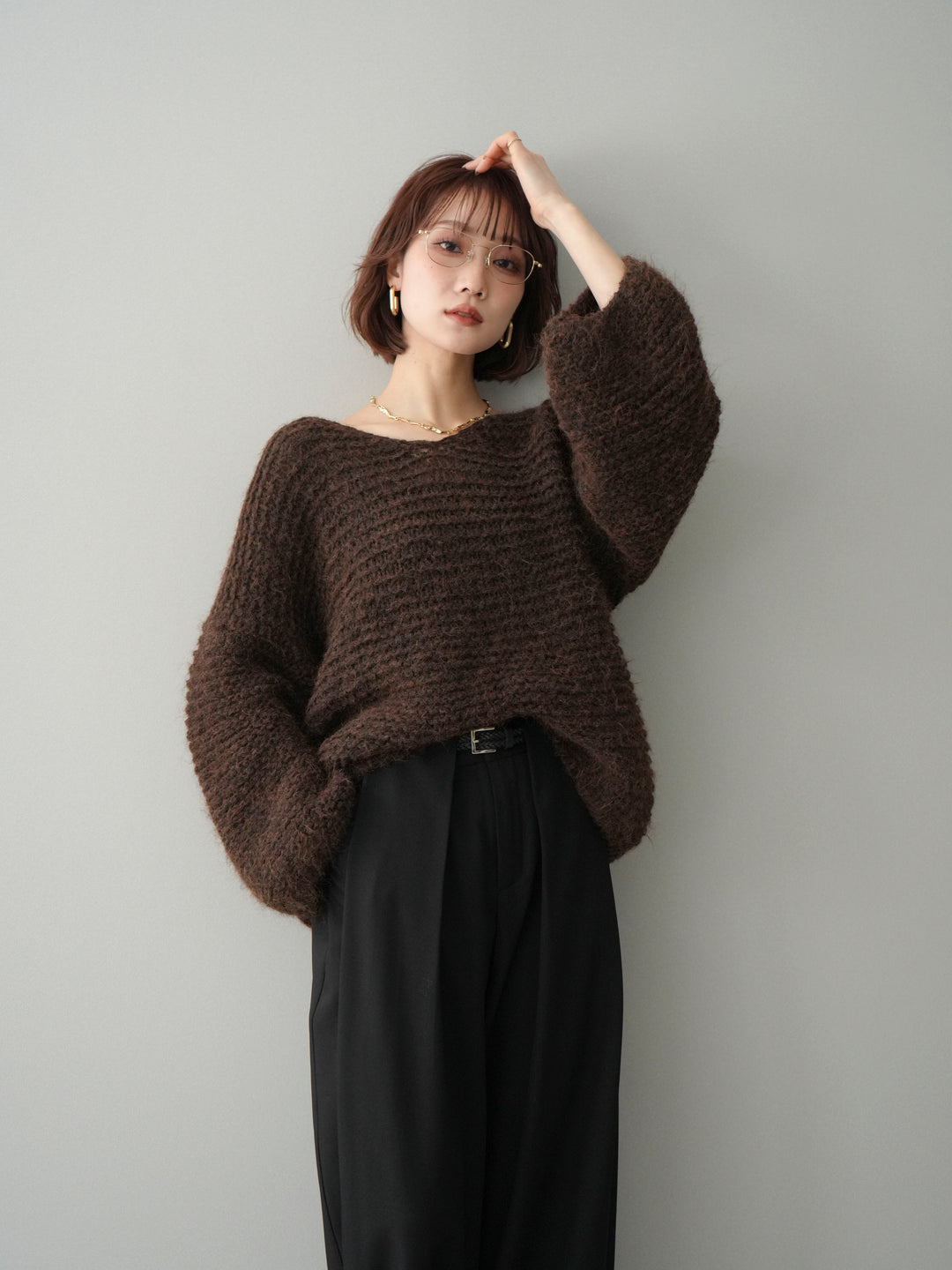 [予約]ワッフル編みシャギーニットプルオーバー/brown