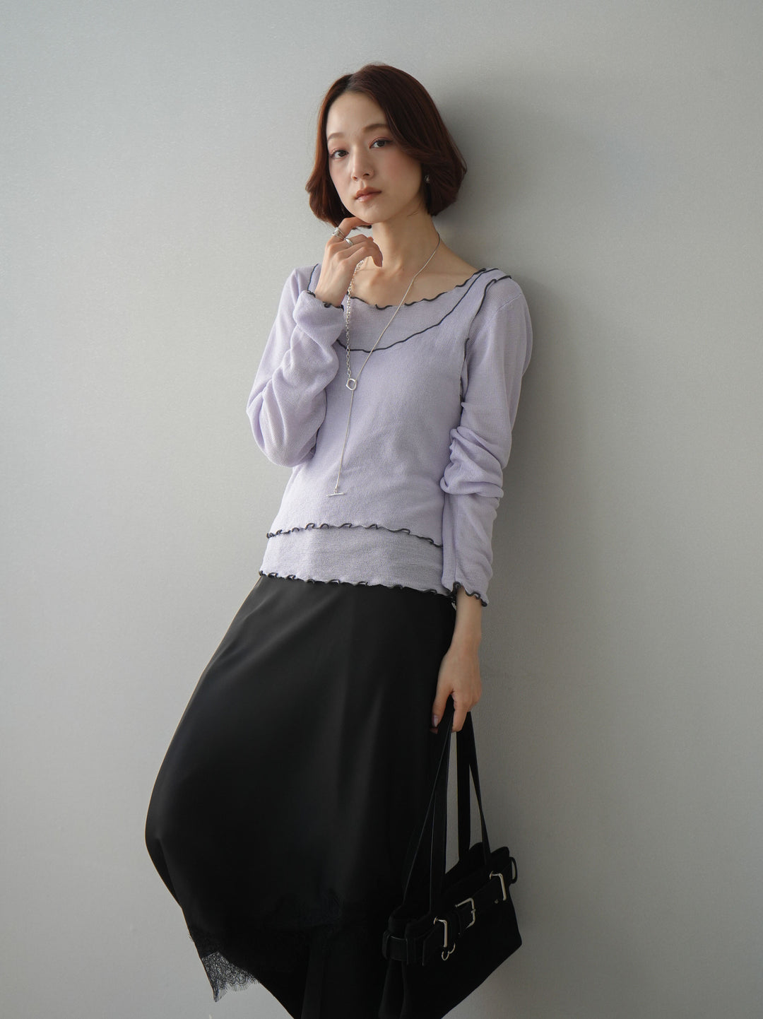 [SET]センターシームフレアパンツ+サテンライクアシメレーススカート(2set)