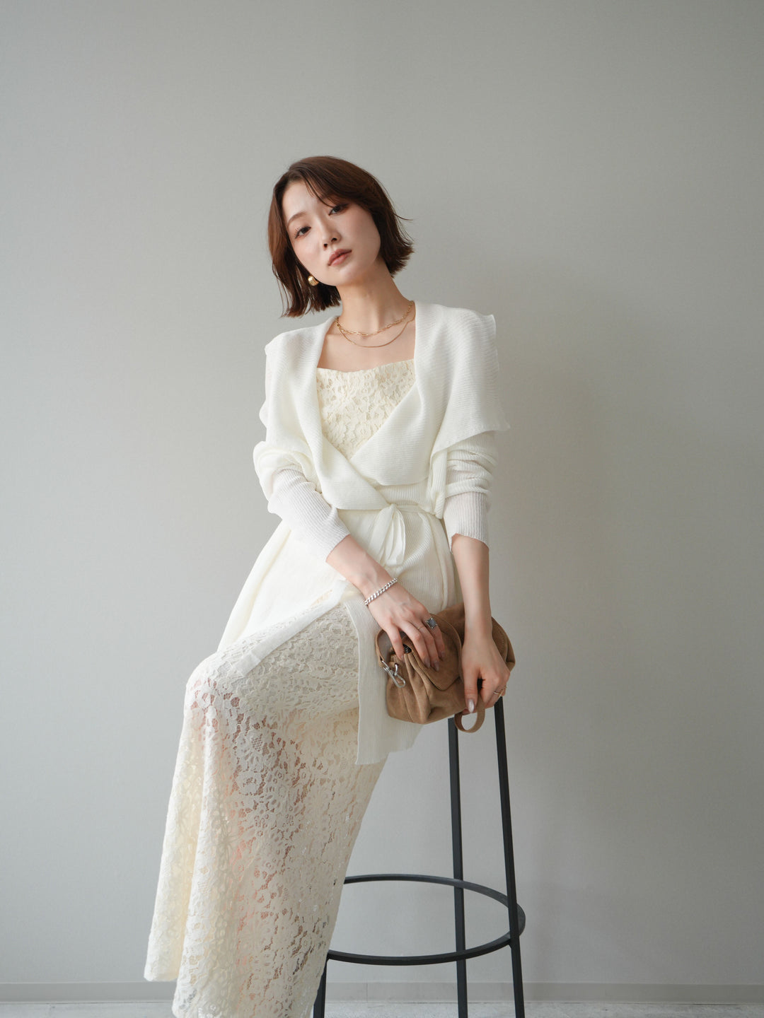 [SET]ドレープリブニットガウン+フルレースキャミ＆IラインスカートSET UP(2set)