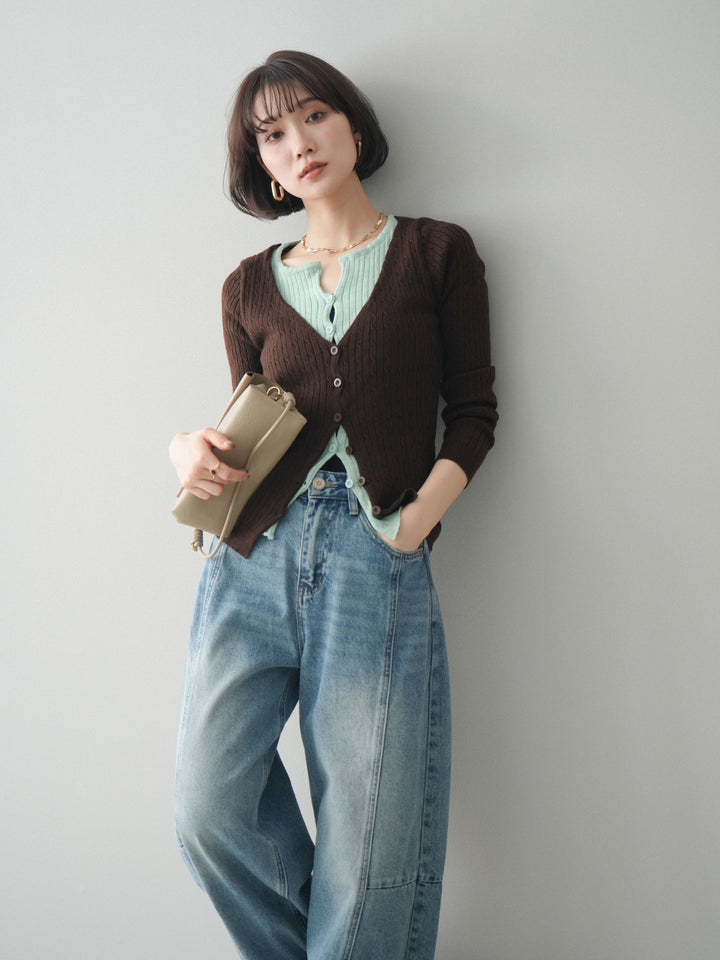 [予約]バイカラーレイヤードニットカーディガン/brown