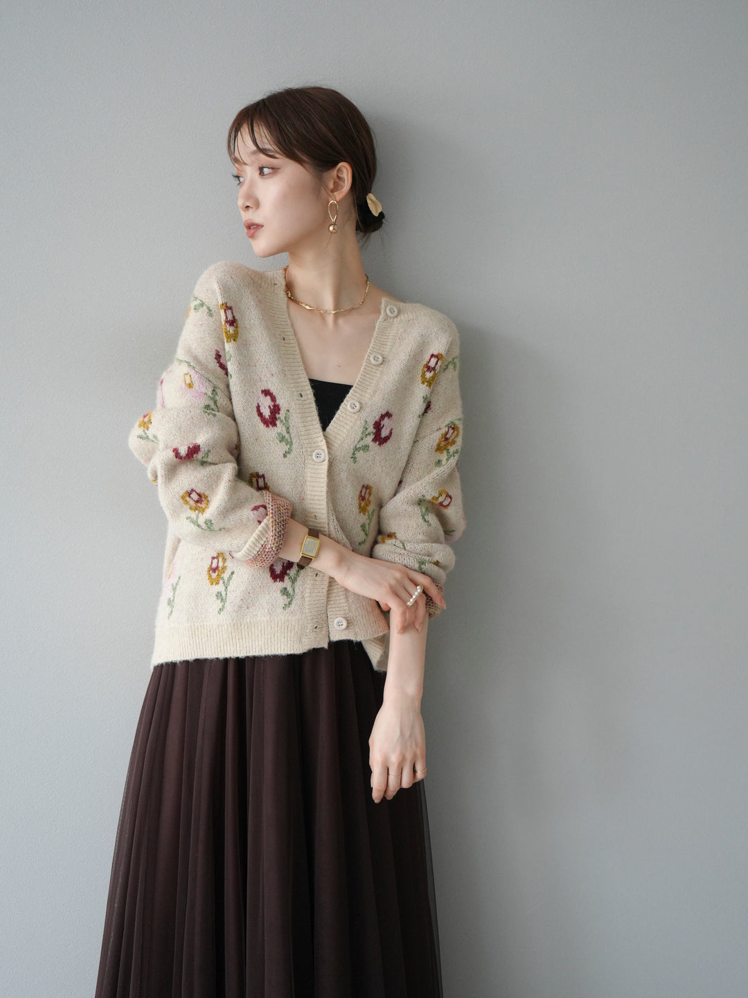 [予約]ウールタッチフラワーニットカーディガン/アイボリー