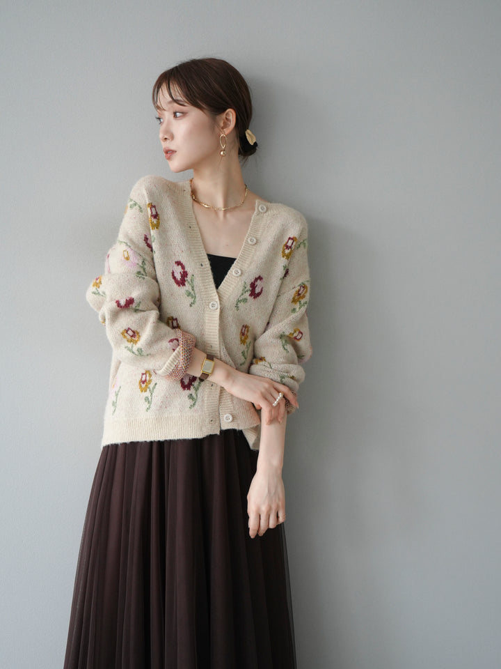 [予約]ウールタッチフラワーニットカーディガン/アイボリー