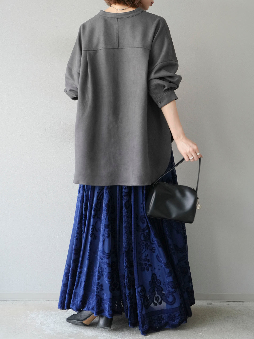 [予約]アンティーク柄フロッキーマキシスカート/ブルー