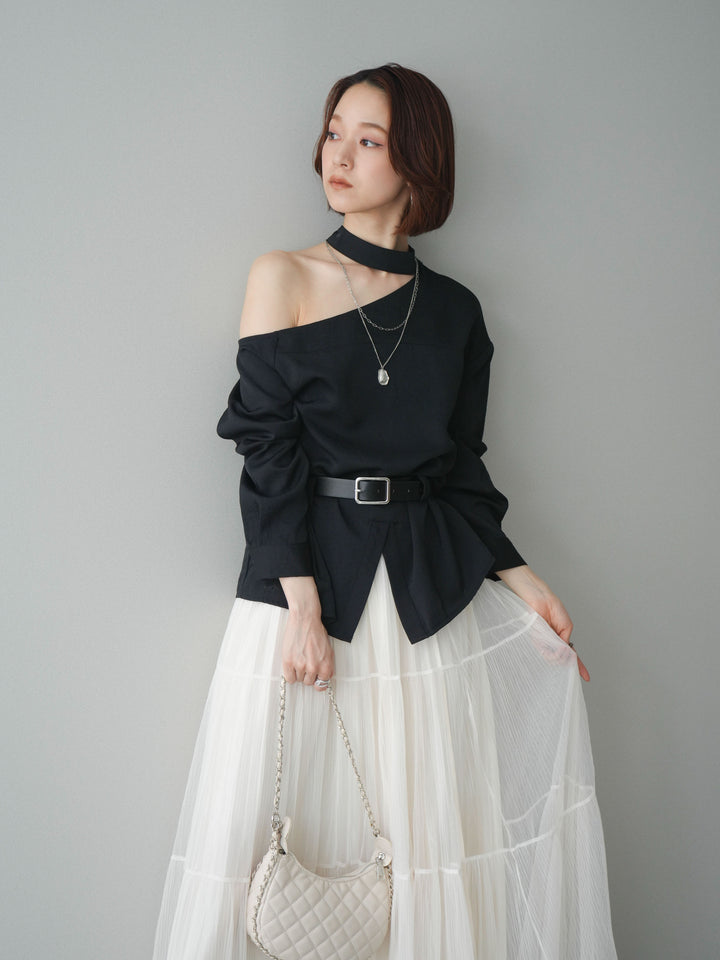 [SET]ベルト付ワンショルダースリットブラウス+ベルト付ワンショルダースリットブラウス(2set)