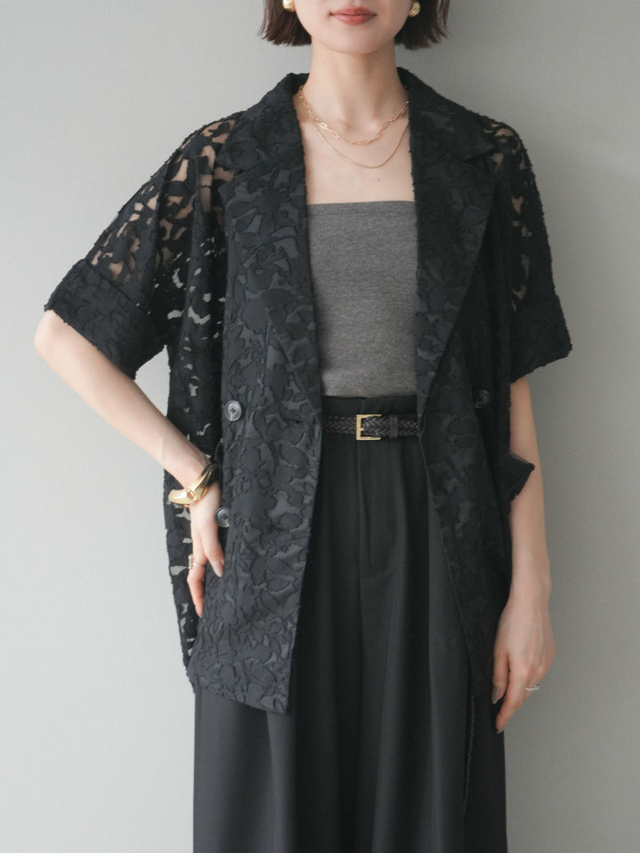 【套裝】花朵蕾絲短袖外套+垂褶收腰帶環長褲（兩件套）