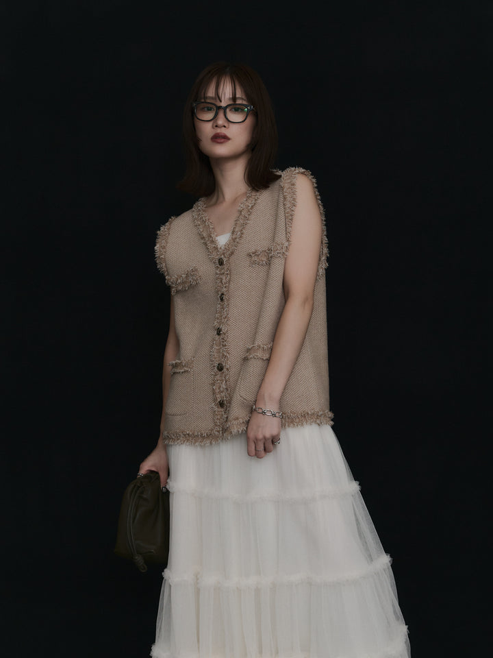 【Allure】[SET]アンティークボタンツイードフリンジニットベスト+アンティークボタンツイードフリンジニットベスト(2set)