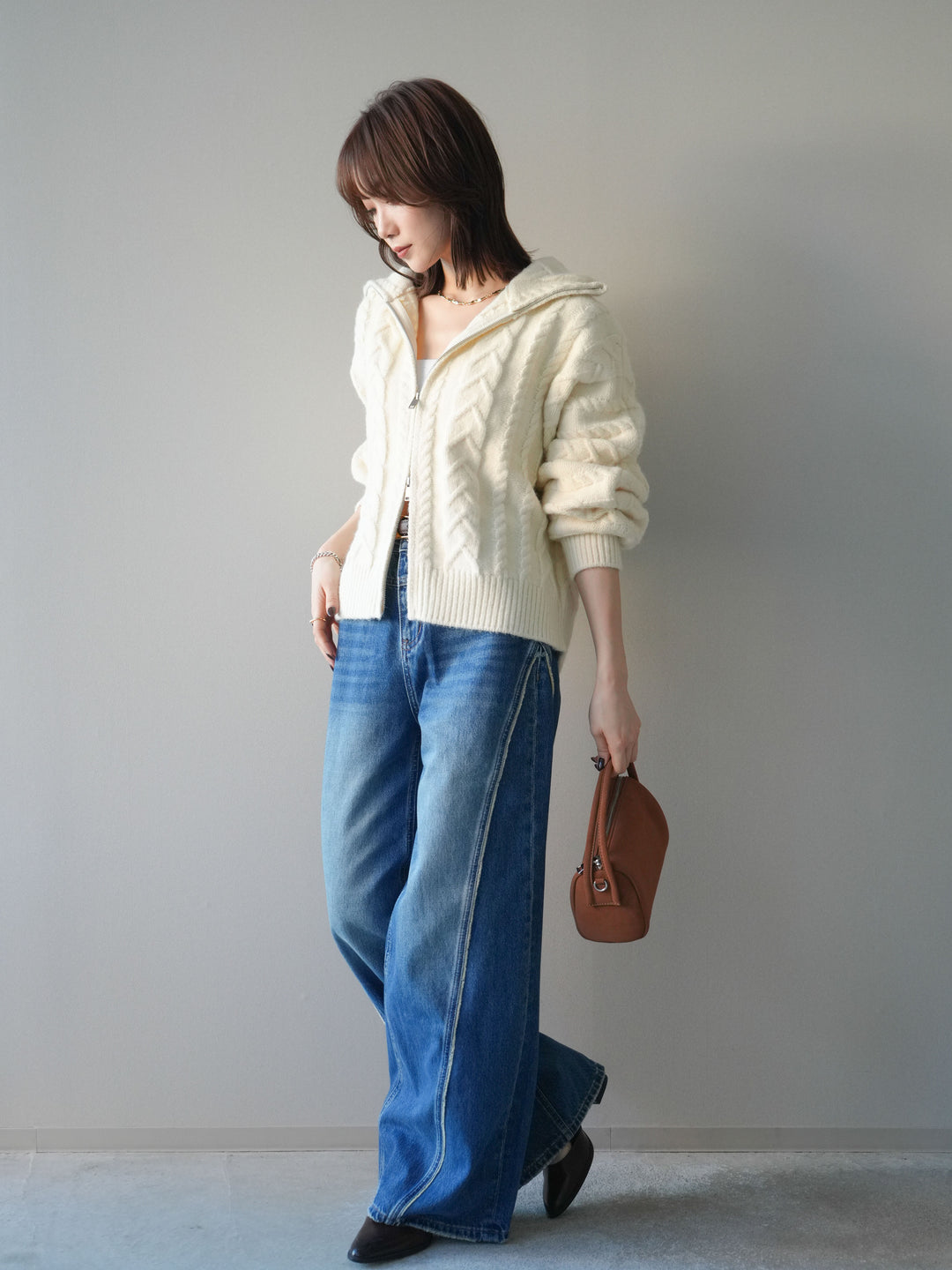 [SET]ケーブル編みハイネックZIPニットカーディガン+サイドフリンジワイドデニムパンツ(2set)