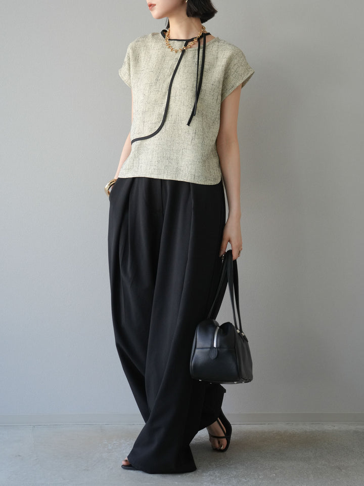 [SET]サマーツイードケープデザインプルオーバー+クレープシフォンタックワイドパンツ(2set)