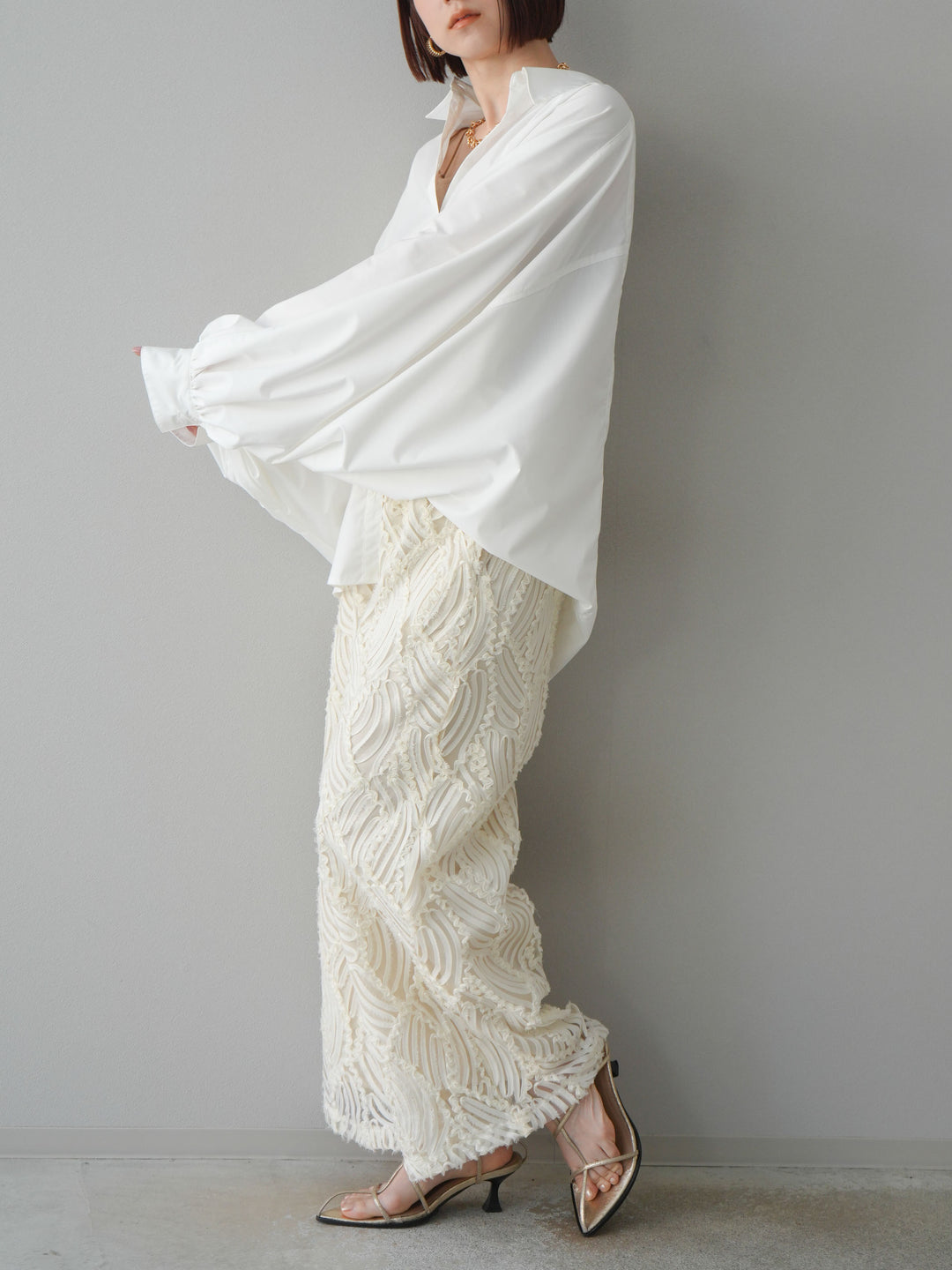 【預購】透視提花寬褲/象牙白