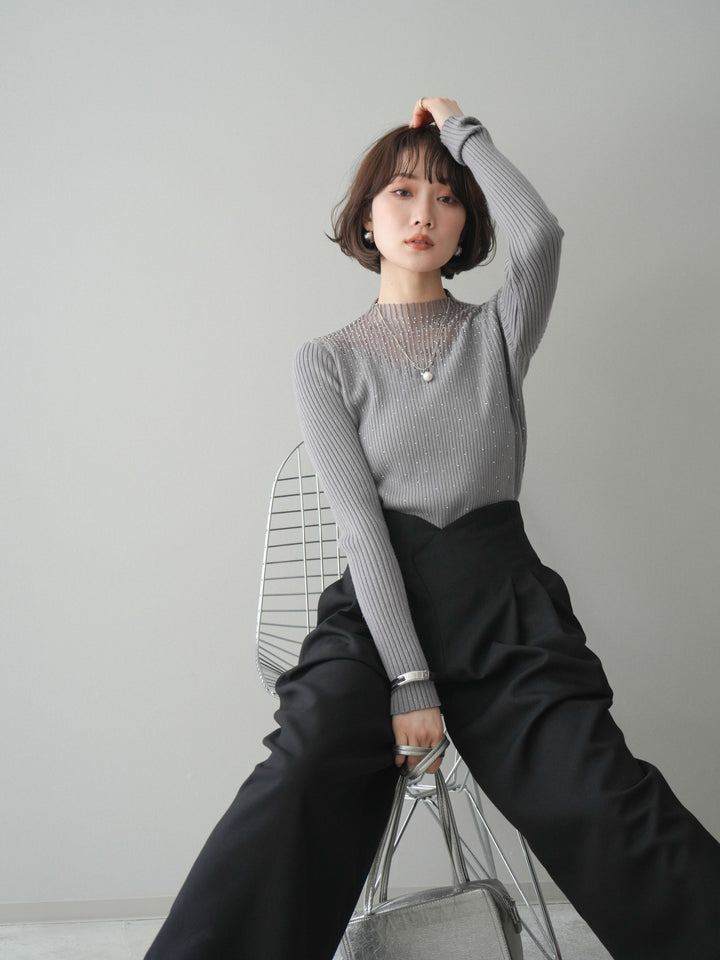 [SET]シアー切替スパンコールリブニットトップス+デザインハイウエストワイドパンツ(2set)