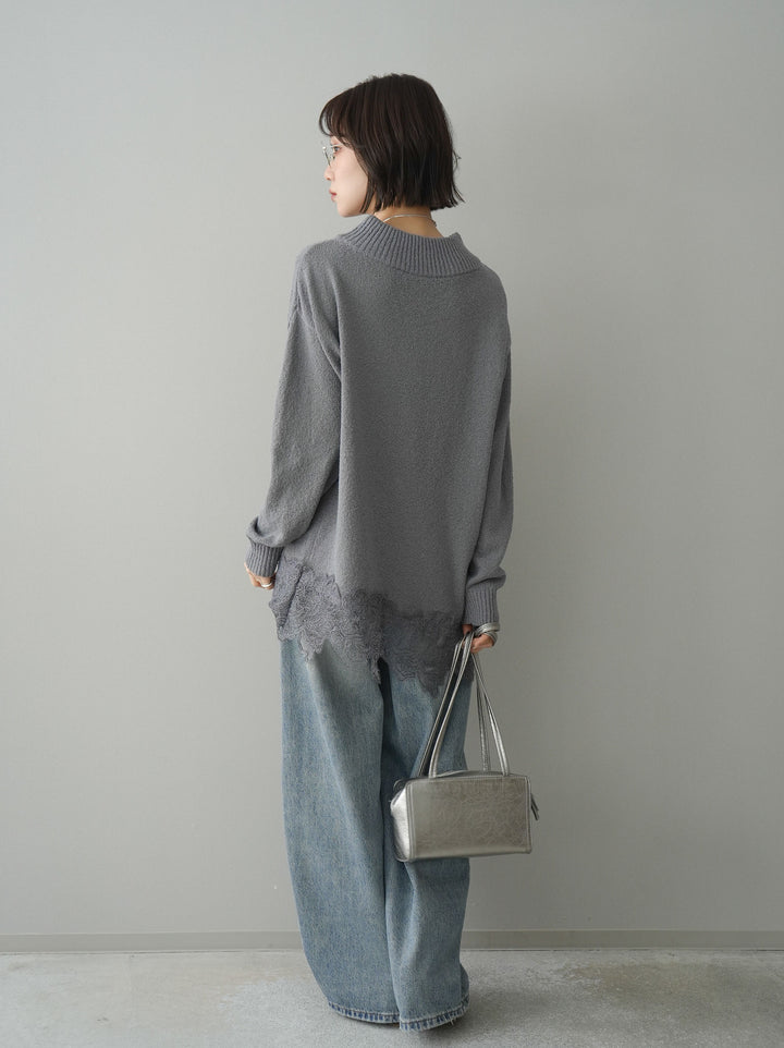 [SET]アシンメトリーレースヘムニットプルオーバー+ダメージデニムセミワイドパンツ(2set)