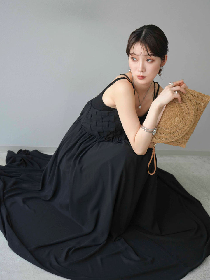 [予約]編み込みデザインシフォンワンピース/ブラック