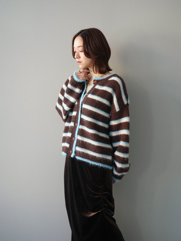 [予約]ウールタッチ配色ボーダーニットカーディガン/brown