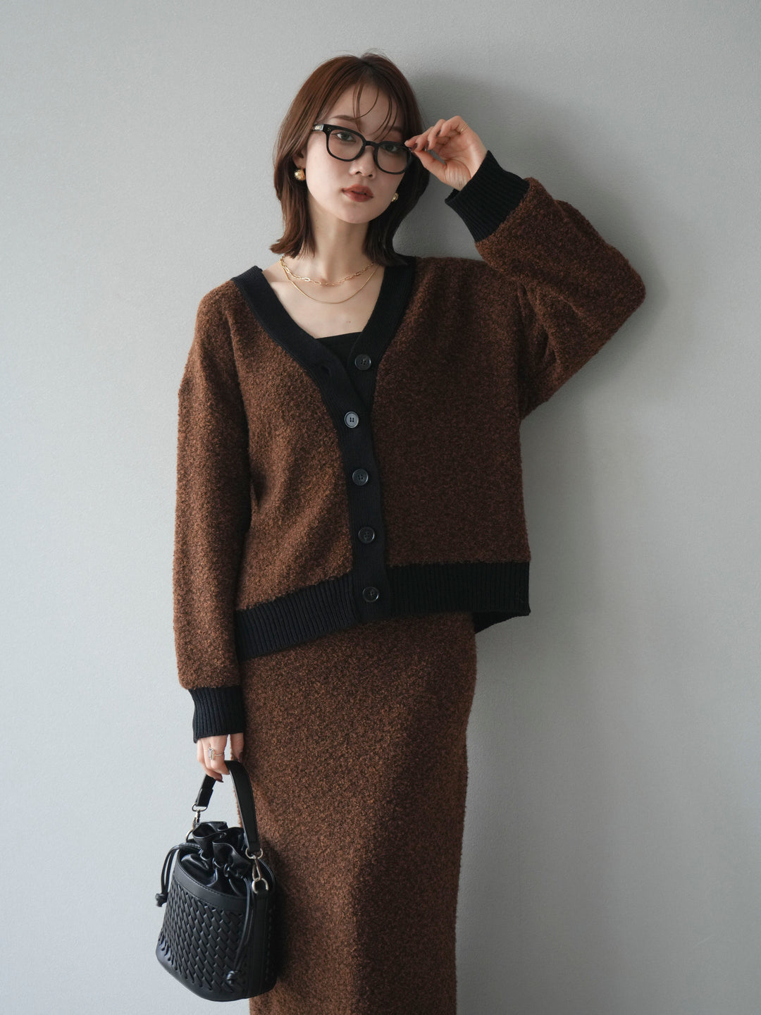 [予約]ブークレバイカラーニットカーディガン/brown