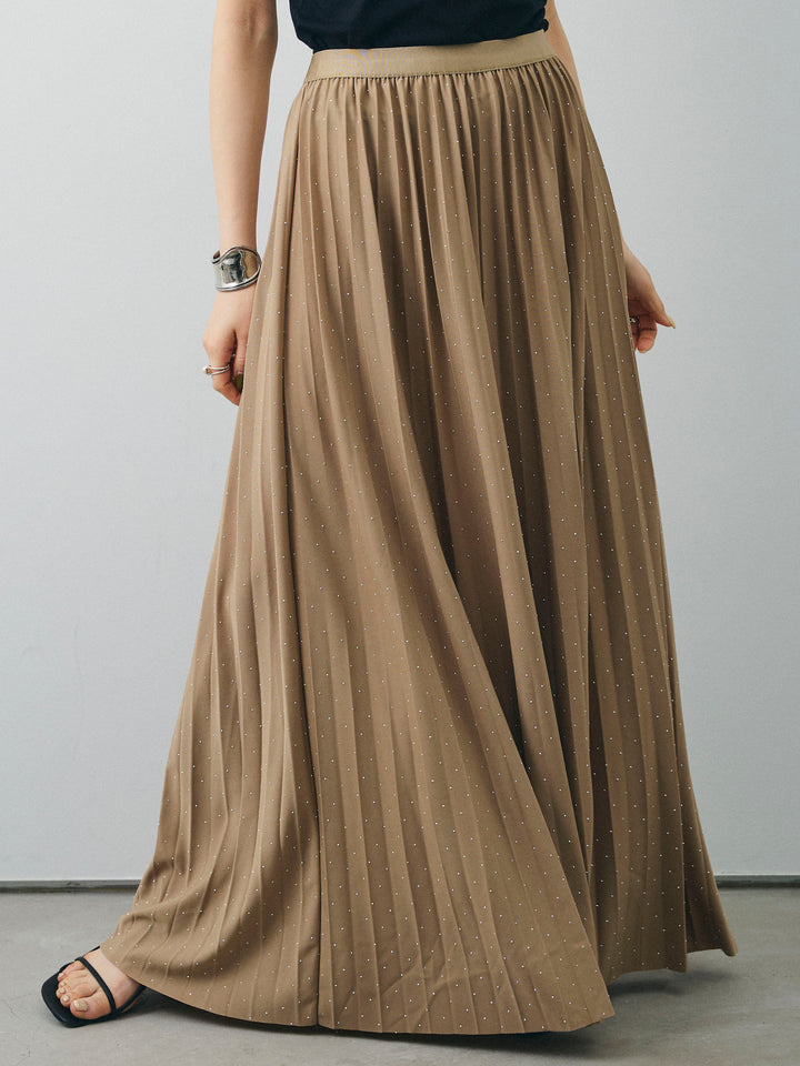 [予約]ラインストーンプリーツスカート/ベージュ