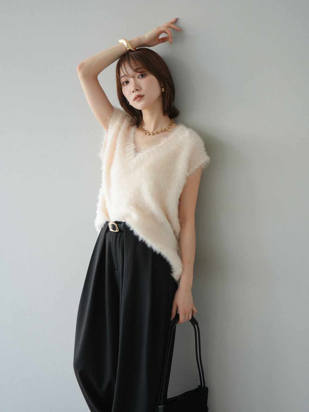 [予約]ラメシャギーVネックニットベスト/アイボリー