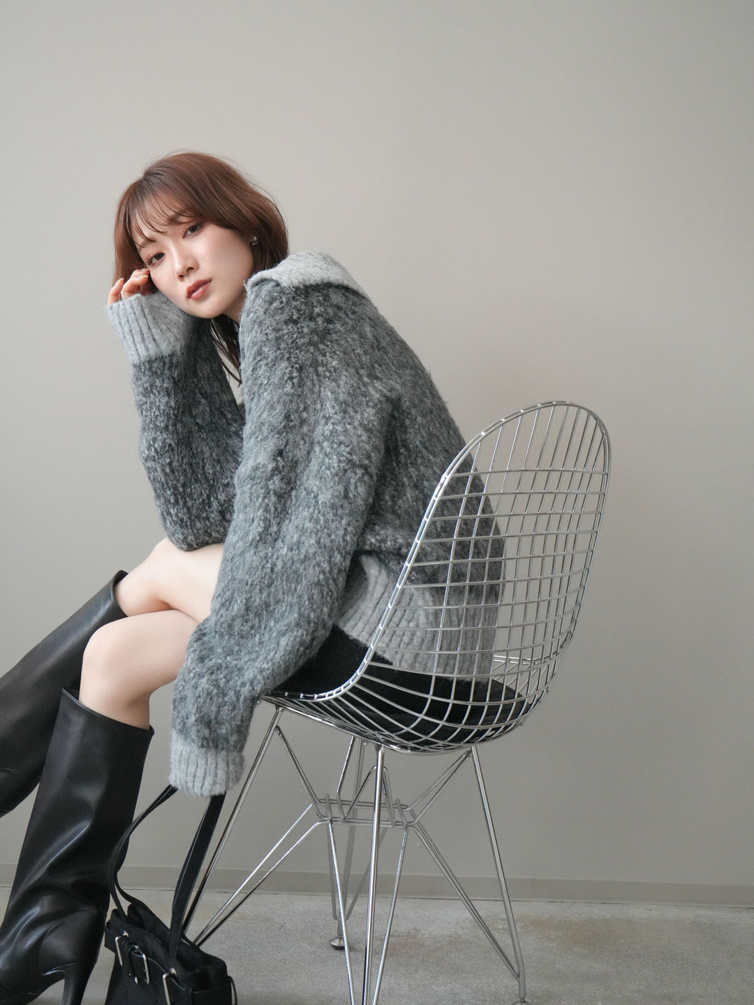 [予約]リブ切替メランジニットカーディガン/charcoal