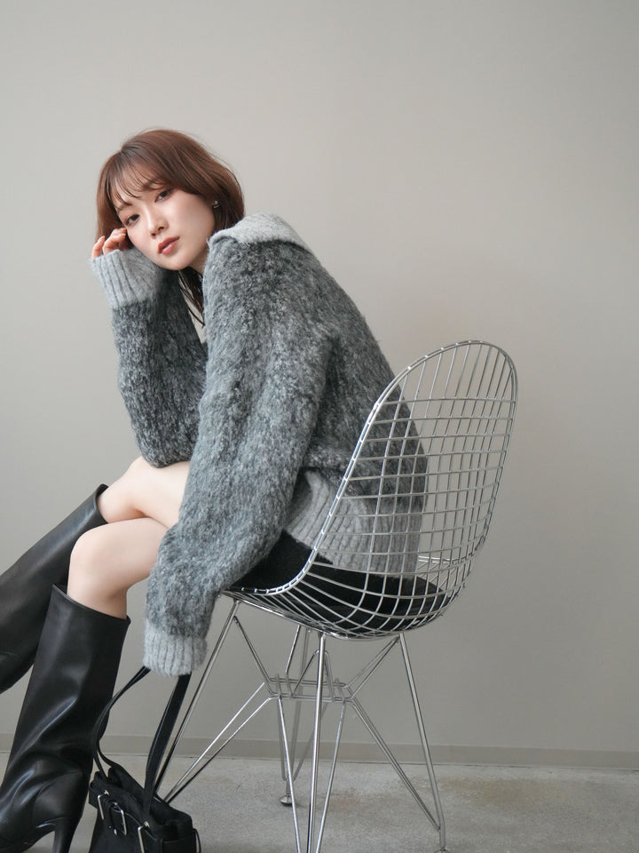 [予約]リブ切替メランジニットカーディガン/charcoal