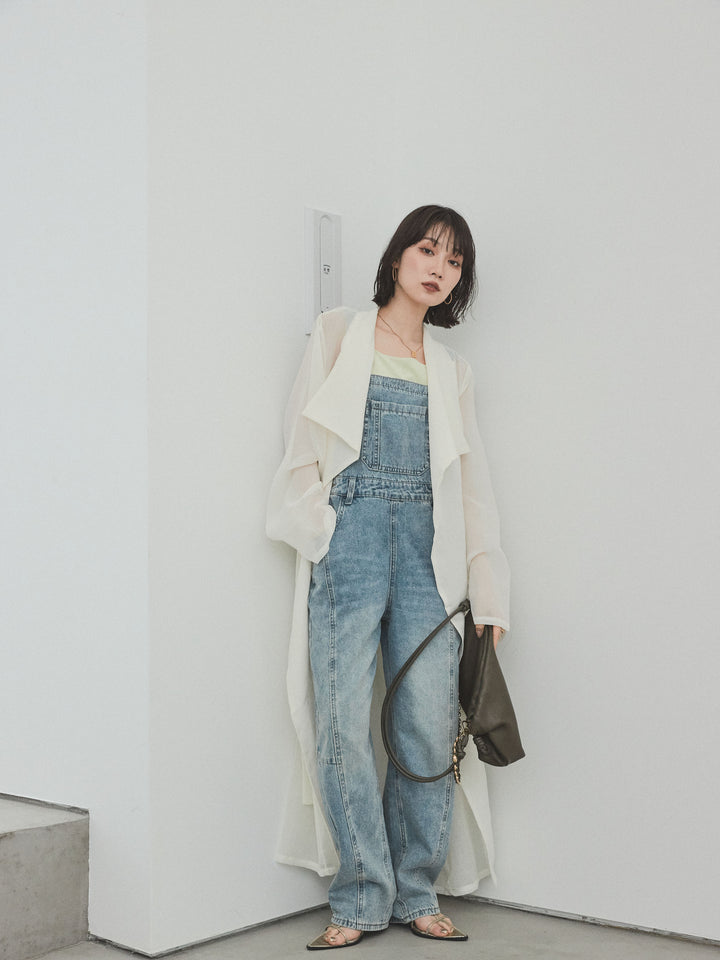 [SET] 中縫牛仔背帶褲 + 透視長版外套（2 件組）