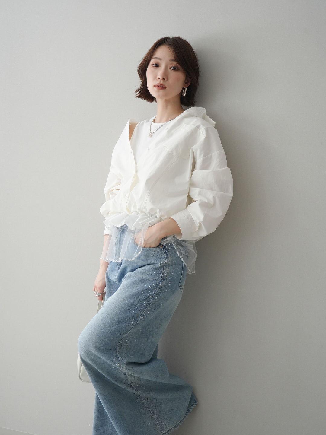 [予約]裾チュールノースリーブカットソー＆シャツドッキングトップス/white