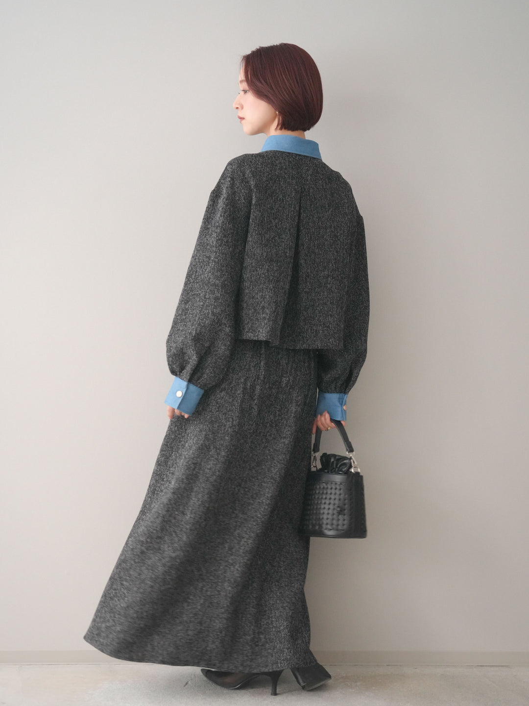 [予約]異素材サマーツイードタックフレアスカート/black