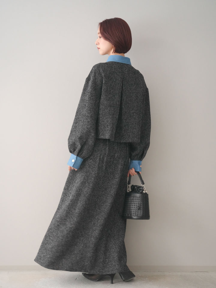 [予約]異素材サマーツイードタックフレアスカート/black