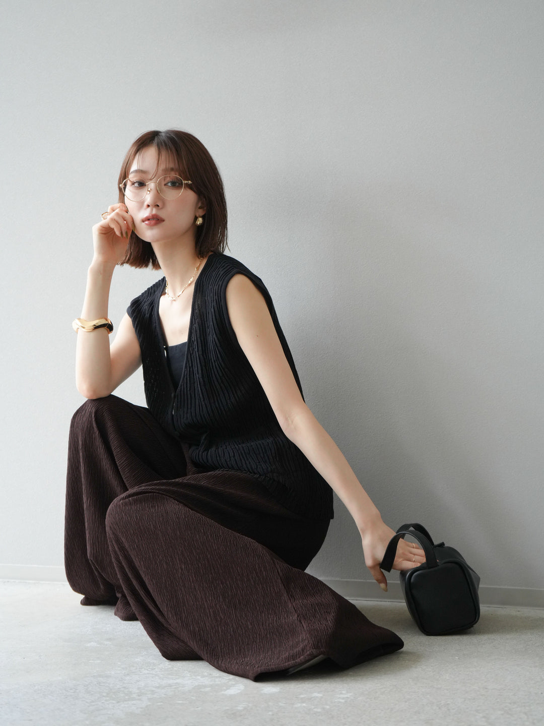 [SET] 波浪夏季針織背心+柳葉寬腿褲（2件套）