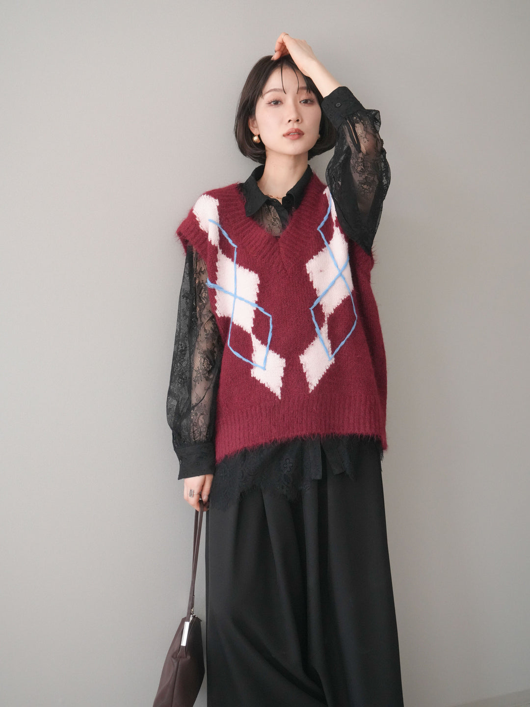 [SET]アーガイルVネックニットベスト+選べるアクセセット(2set)