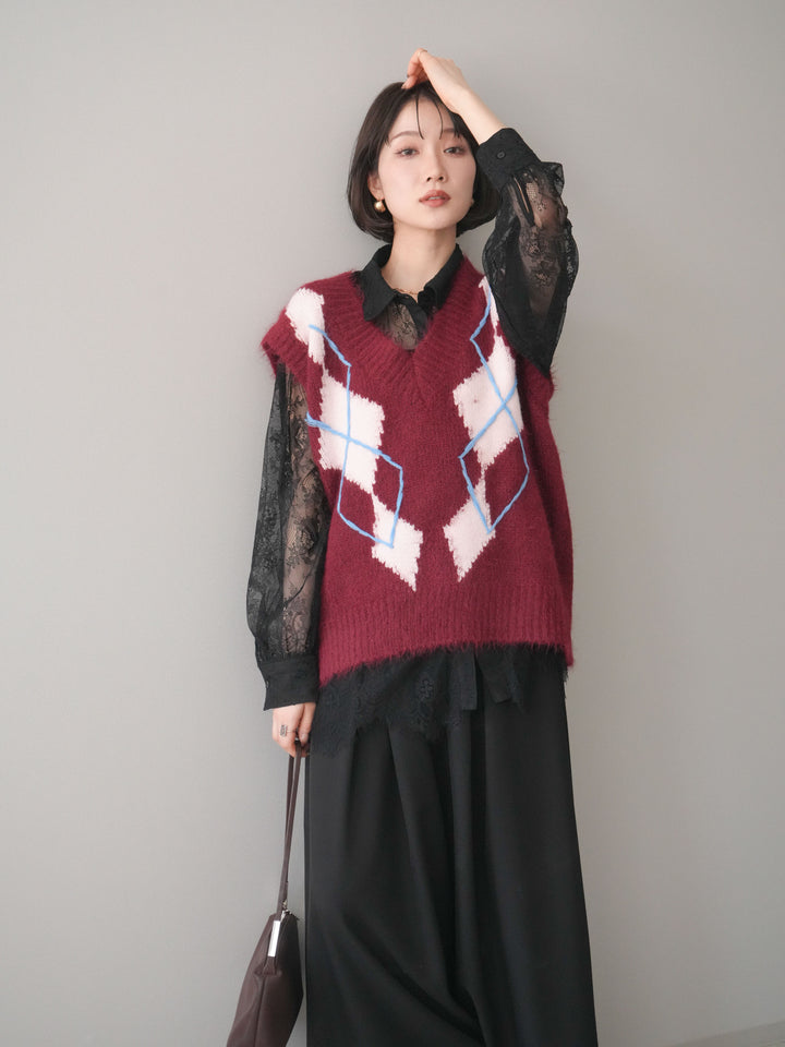 [SET]アーガイルVネックニットベスト+選べるアクセセット(2set)