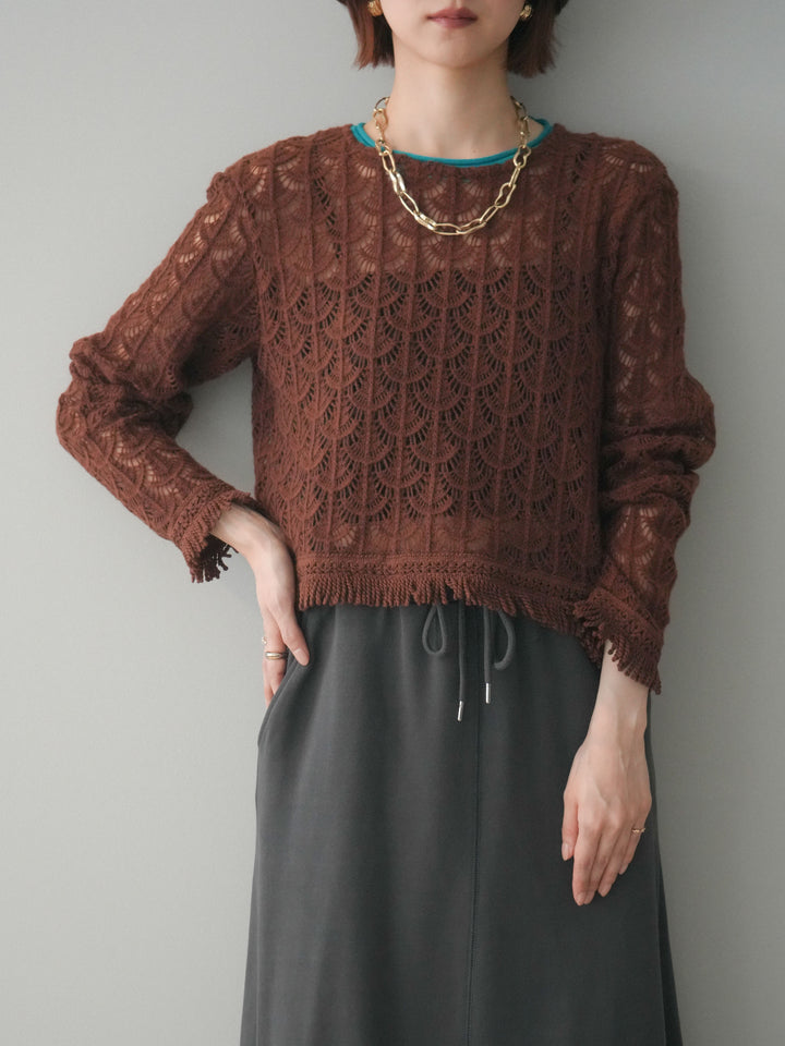 [予約]扇透かし編みクロップドニットプルオーバー/brown