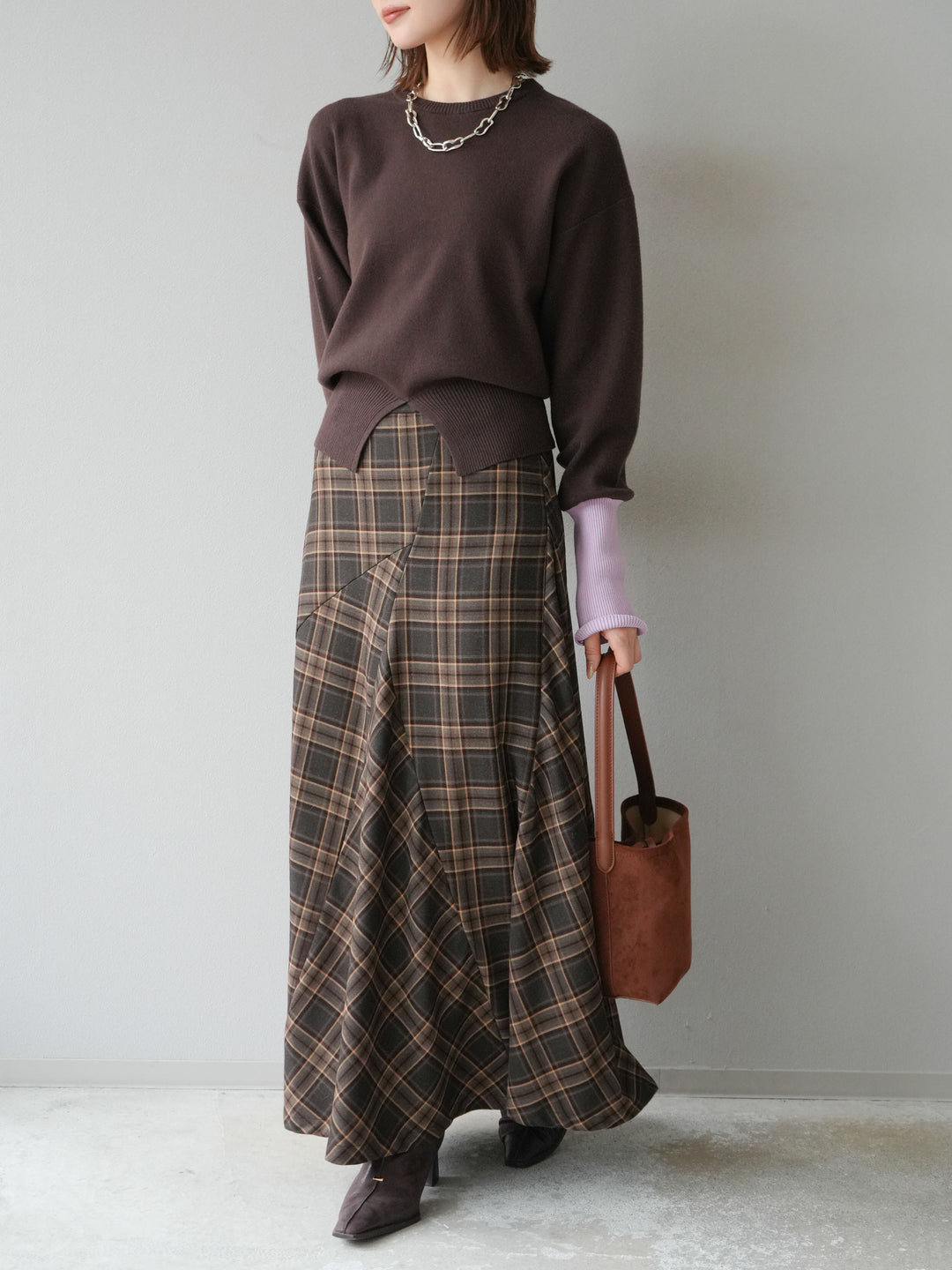 [予約]チェック柄マーメイドスカート/ブラウン