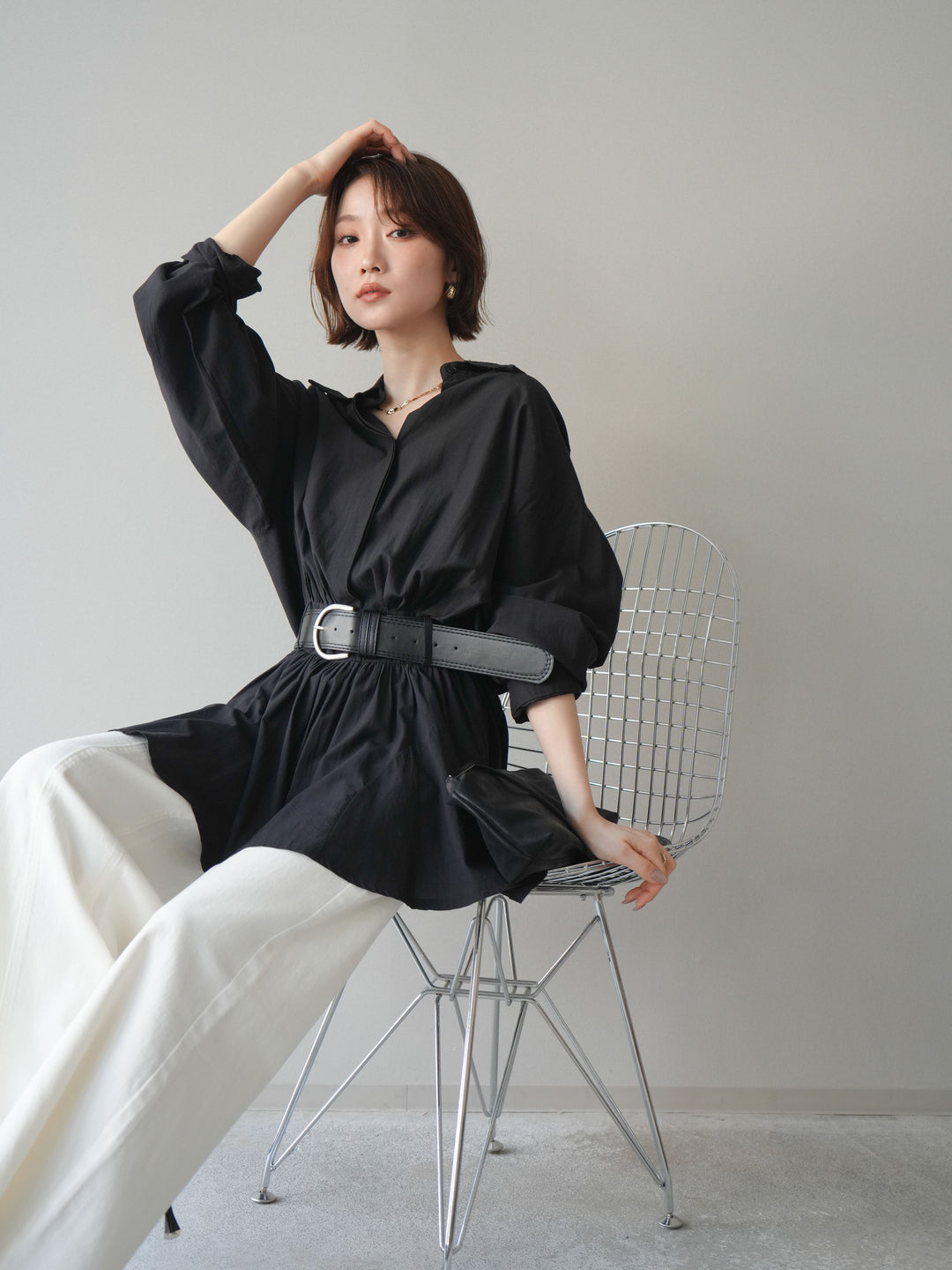 [予約]ベルト付フレアシャツミニワンピース/black