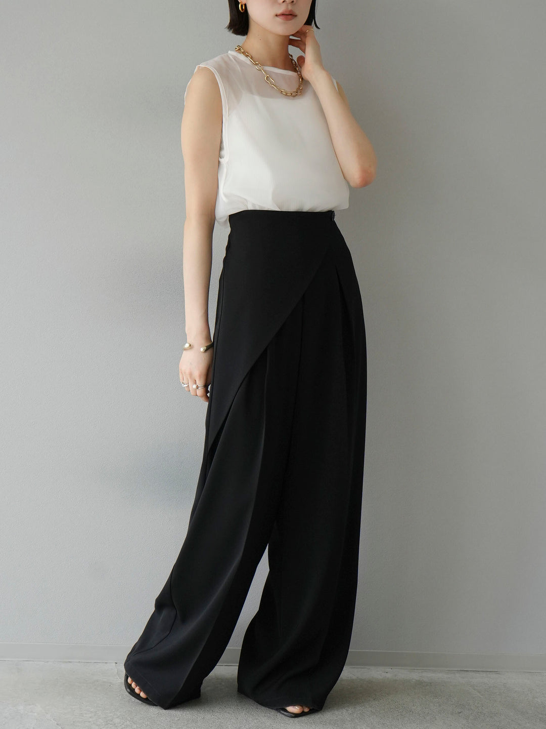 [SET] Organza sleeveless top + wrap wide pants (2set)