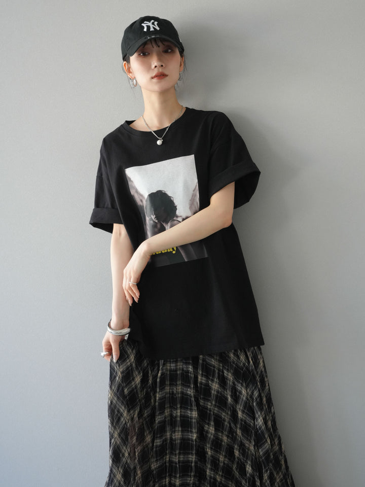 [SET]ネオンロゴフォトプリントBIG Tシャツ+シアーチェックアシンメトリーワッシャースカート(2set)