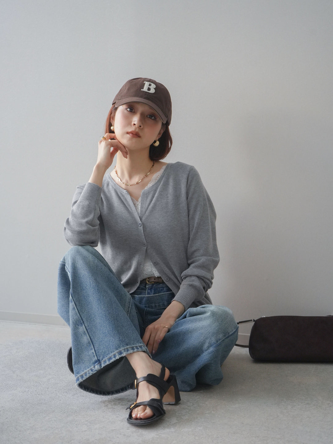 [SET]レースレイヤードニットカーディガン+アシメデザインワイドデニムパンツ(2set)