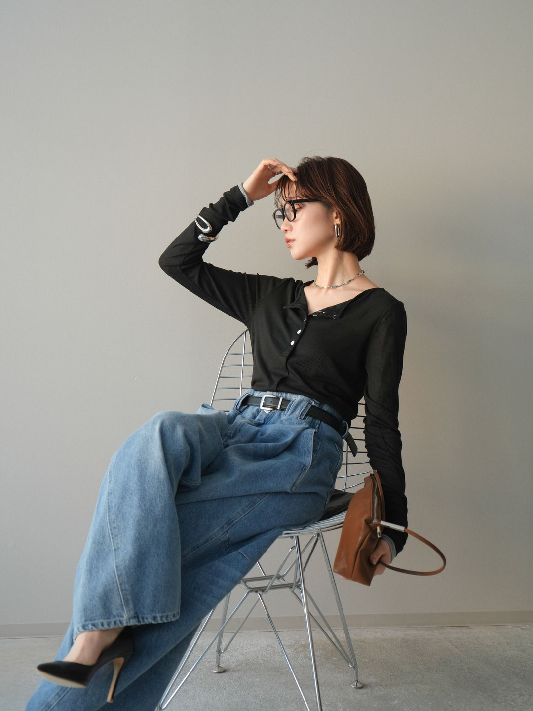 [予約]シアーリブバイカラーカーディガン/black