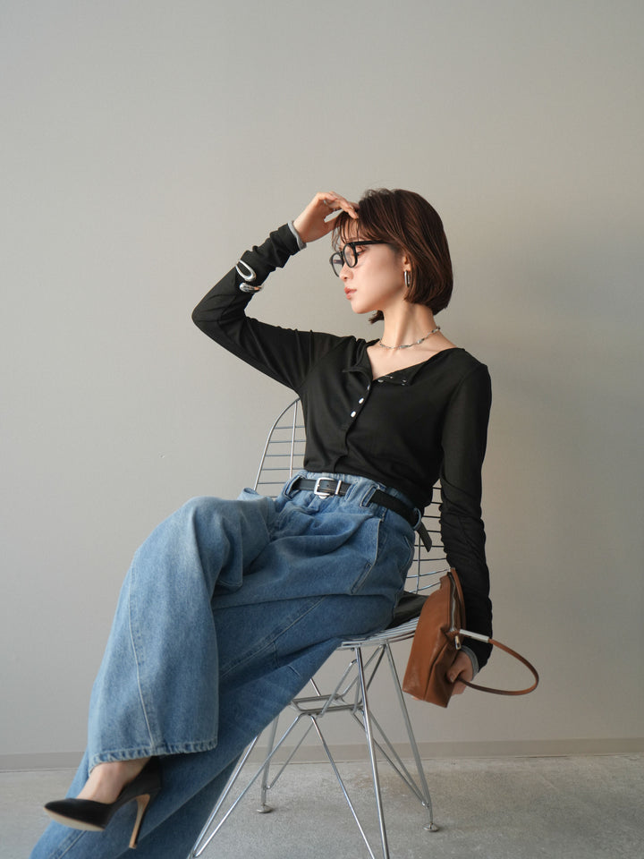 [予約]シアーリブバイカラーカーディガン/black